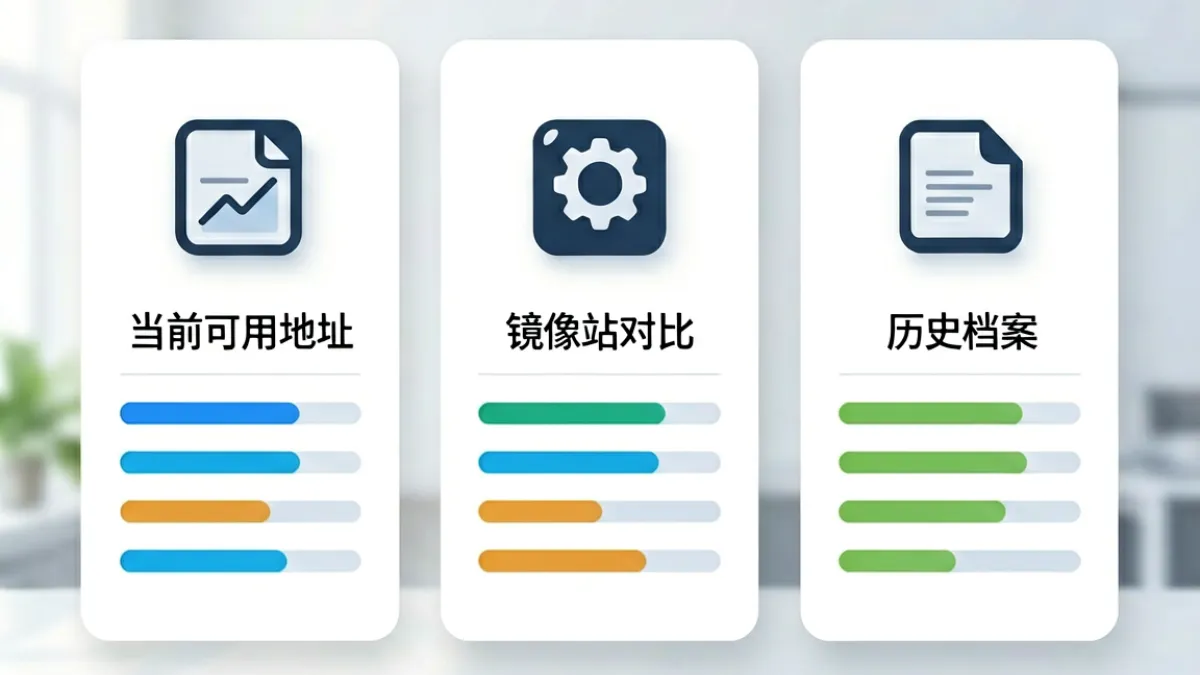 导航站内容分类示意图，展示 sis001 地址可用状态、镜像对比与历史档案三个核心模块