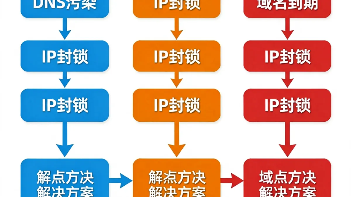 一张图解 sis001 地址封锁类型对比示意图，分别展示 DNS 污染、IP 封锁与域名到期三种情形的排查流程